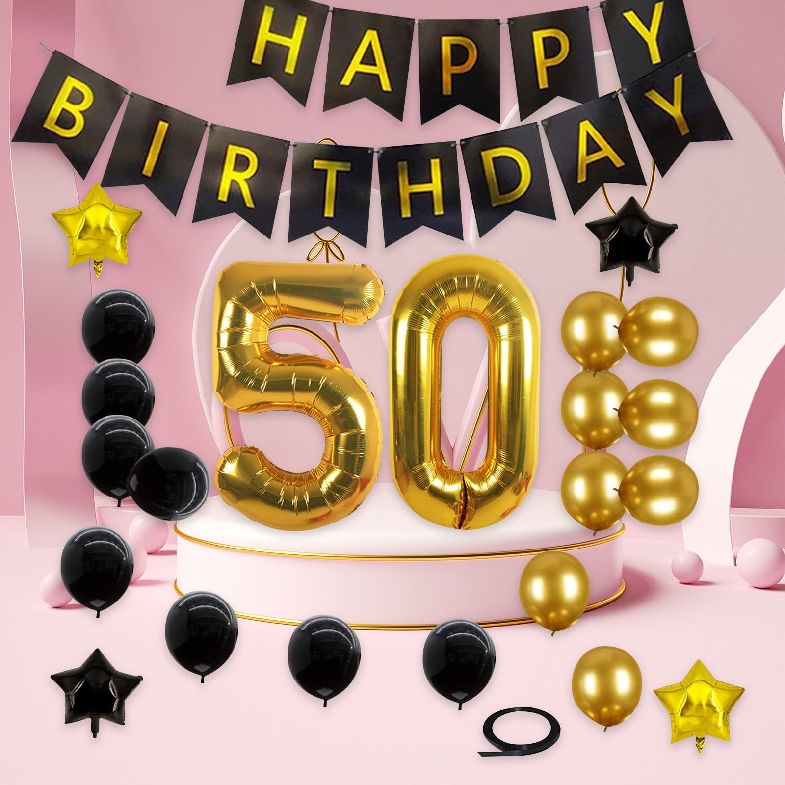 50 Year Old Birthday Party Decorations for Women Men, 24 Pack Aniversary Birthday Party Supplies Gifts for Her Him Including Happy Birthday Banner, Black&Golden Balloons and Tape - Walmart.com